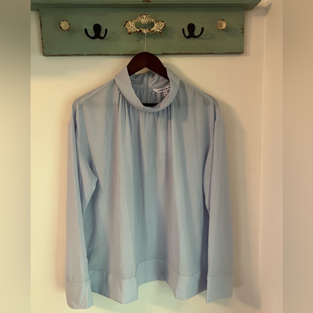 Mock neck, long-sleeved, sheer blouse (pale blue or lilac color)